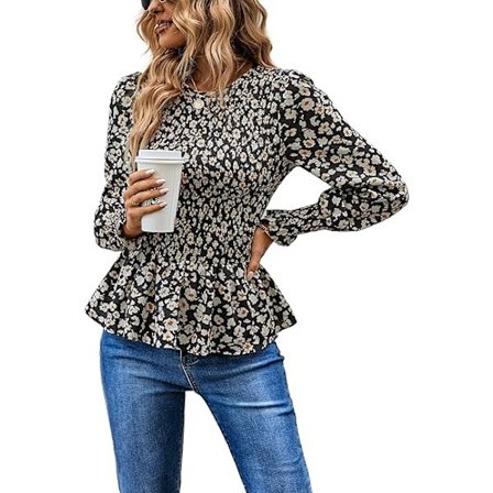 Naisten puserot, rento, pitkähihainen, pyöreä pääntie, kukkakuvioinen, smokkirypytetty, röyhelöhelma, slim fit, babydoll-pusero, tunikat, L