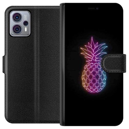 Kompatibelt Plånboksfodral till Motorola Motorola Moto G23 Neonillustration av ananas i färgglatt ljus mot svart bakgrund
