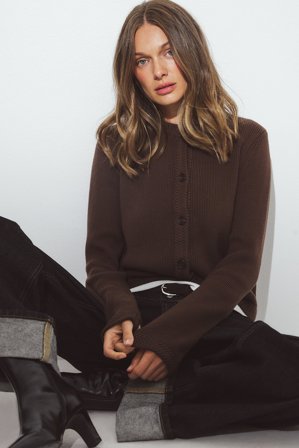 NA-KD Knitted Round Neck Cardigan - Cardigans - Brun - L (EU 42-44)