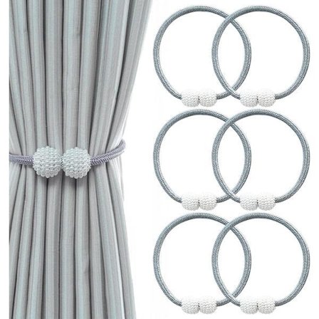 6-pak Magnetiske Gardinholdere, Gardinklemme med Snor, Vinduesgardinholder til Hjemmekontor, Dekorativ Vævet Rebholder, Grå