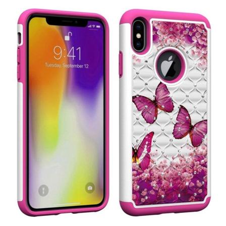 iPhone Xs Max Tekojalokivi koristeltu kuviollinen hybriidi muovinen takasuoja kuori - Pinkit Perhoset Pink