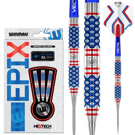 Winmau Epix Darts 22g/24g Hex-Tech Grip Tungsten Steel Tip Darts - Professional Blue Red Silver Vetalic Flights, Match Weighted, Pinpoint Accuracy