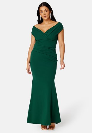 Goddiva Curve Bardot Pleat Maxi Dress Emerald Klær