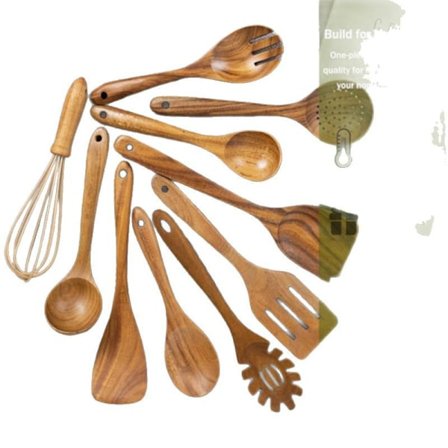 Köksset i naturlig teak med stekspade och sked