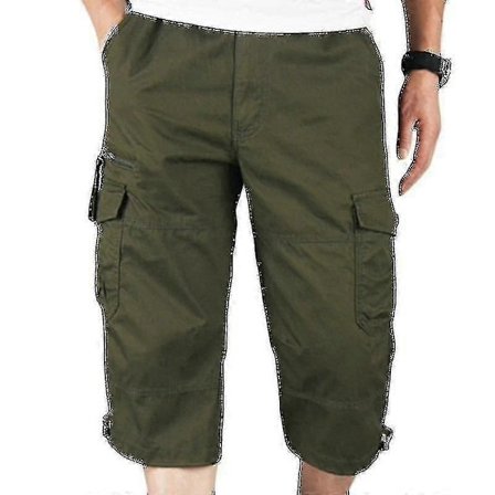 Herre 3/4 Lange Elastiske Shorts Talje Cargo Combat Trekvartbukser Army Green-XF9-