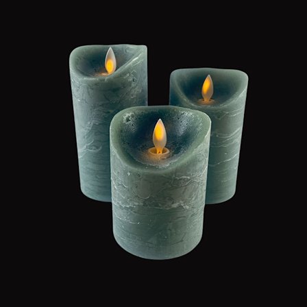 LED bloklys - rustikt - 3 stk. - 10/12,5/15 cm - med 3D-flamme - (flere farver) Mørkegrøn