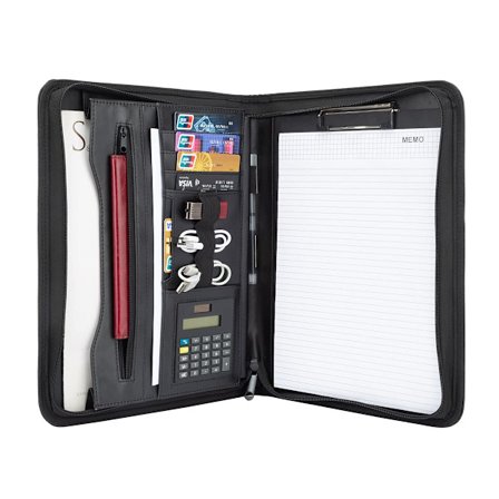 A4 Konferencemappe, skrivemappe, portefølje, dokumentmappe, mappe med lynlås, skriveplade, sort