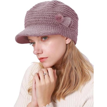 Hetteluer for kvinner Vinterluer Fleecefôret Hette Blomsterstrikket Luer Dame Beretlue med Bredbrem Cloche Luer Termisk Lue Dame Caps Ull, Lilla