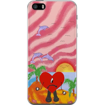 Kompatibelt Mobildeksel til Apple iPhone SE (2016) Bad Bunny i en fargerik quiltet jakke med hjertemønster og solbriller i moderne gatestil