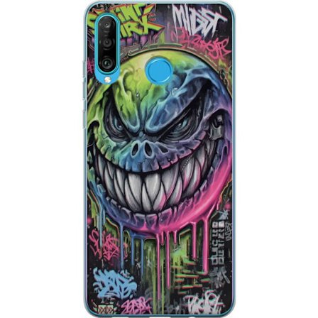 Kompatibelt Mobildeksel til Huawei P30 lite Fargerik graffitiillustrasjon av et ondskapsfullt smilende monsteransikt med dryppende neonfarge
