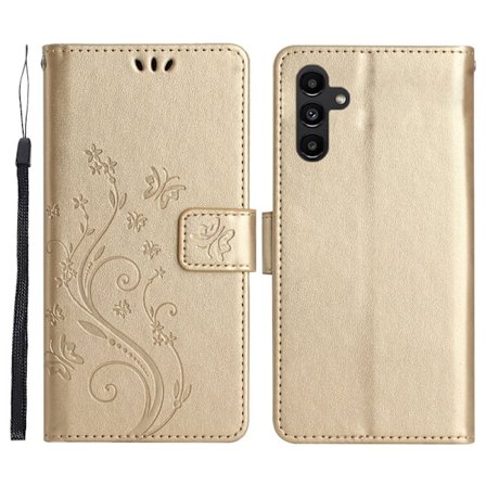 Samsung Galaxy S26 Plus Plånboksfodral Konstläder Blomma Prägling - Guld