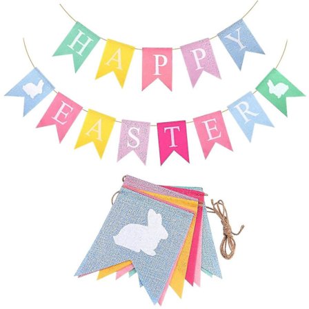 Farverige Glad Påske Banner - Burlap Banner med Kanin - Dekoration til Hjemmet
