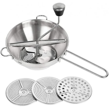 Hånddrevet grøntsags Presse i Rustfrit Stål, Kartoffelkværn til Blanding af Grøntsager, med 3 Forskellige Rister, Sigte, Saftpresser