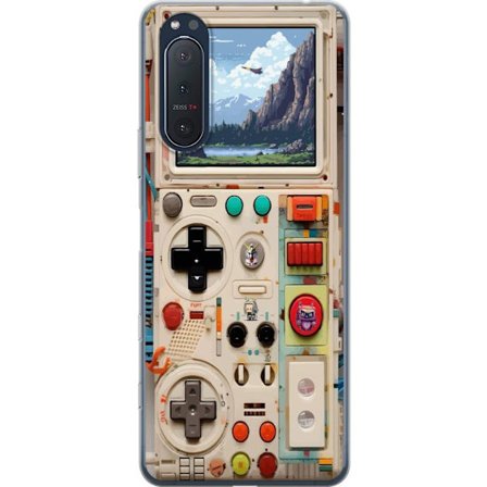 Sony Xperia 5 II Gennemsigtig cover Retro spillekonsoldesign med pixelgrafik og bjerglandskab, nostalgisk spil-æstetik med futuristiske detaljer.