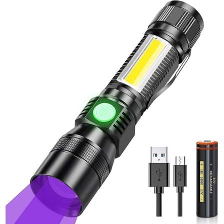 LED-ficklampa med magnet, USB-uppladdningsbar UV-lampa med 2200mAh 18650 batteri, vattentät, rött ljus, 395nm ultraviolett, 7 lägen för utomhuscamping