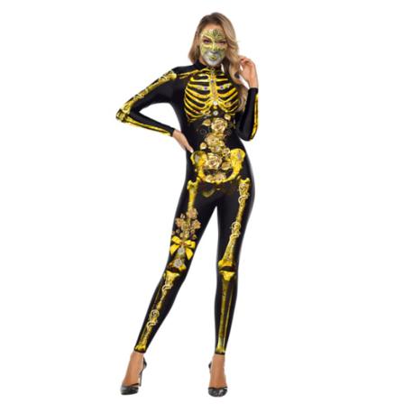 Sexig Skelettdräkt För Kvinnor Halloween Black Yellow S