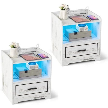 COSTWAY Sæt med 2 LED sengebord med 1 TYPE-C + 1 USB, 3 lysfarver, Smart Sensor, 45 x 40 x 50 cm, Hvid