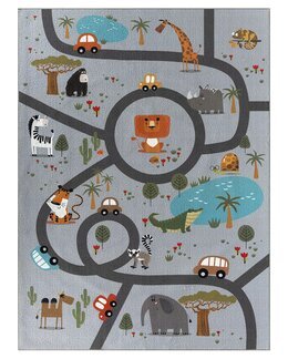 *Ny*Matta med barnmotiv Play Animals Harmaa