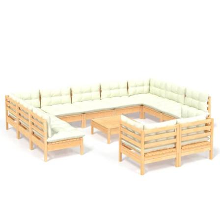 Vidaxl Loungegrupp Med Gräddvita Dynor 12 Delar Massiv Furu Creme