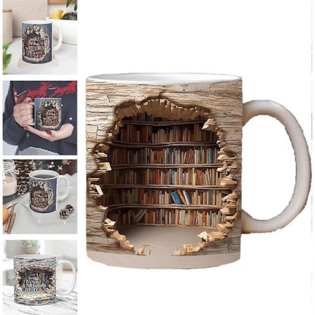 3D Bogreol Krus, 3D Effekt Bøger Krus, Kreativt Rumdesign Multifunktionelle Krus, Kaffekrus Bibliotek Bogreol Krus