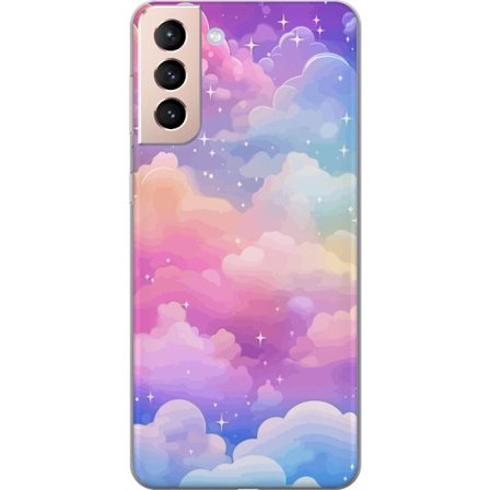 Kompatibelt Mobildeksel til Samsung Galaxy S21 Søt enhjørning med regnbuefarget hår mot en stjernebelagt pastellbakgrunn i kawaii-stil