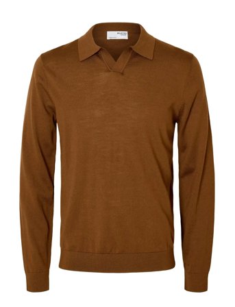 Slhtray Ls Knit Merino Open Polo Brown Selected