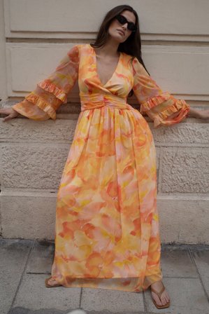 NA-KD - Strukturert maxikjole i chiffon - Langermet maxi kjoler - Oransje - EU 40