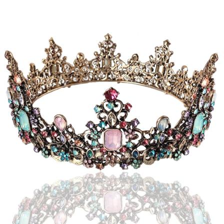 Värikäs barokkityylinen kruunu, jossa on strassikiviä ja pyöreä kruunu, vintage-pronssiseos tiara häihin, cosplayhin ja syntymäpäiville