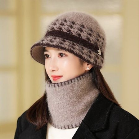 Vinterhue og halstørklæde sæt til midaldrende og ældre damer, spandhat og halstørklæde sæt, nakkebeskyttelse og skihalstørklæde, 2 dele/sæt, én 