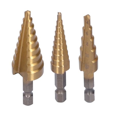 3 stk. Titaniumbelagte Trinnbor Sett Hex Skaft Rette Spor Størrelser 3-12 4-12 4-20