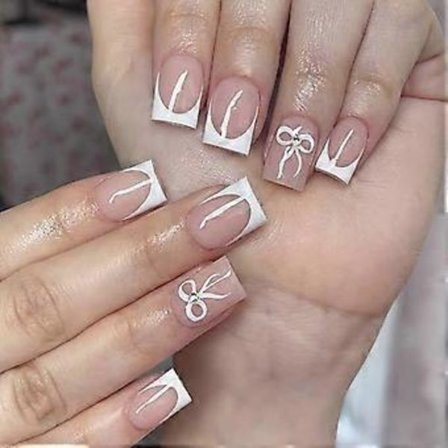 24 stk. Sløjfer, der kan sættes på negle, fransk tip, kunstige negle, korte firkantede falske negle, blanke press-on negle til kvinder og piger