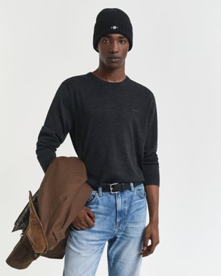 GANT - Genser i ekstra fin merinoull med rund hals til herre dark charcoal melange
