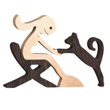 Familiefigur i tre, Håndlaget trefigur, Kjæledyrskåret treskulptur Skrivebordsdekor Soverom Hjem