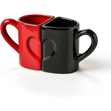 Sammenlåsende Hjerte Kaffekopper Sett med 2, Røde Valentinsdag Keramiske Kopper for Par, Jubileum & Romantiske Gaver