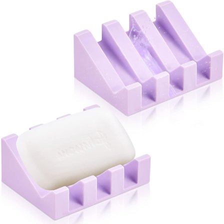 2-pak silikone sæbeskål, 2-pak selvdrænende vandfaldsbakker - Sæbeholder til brusebad og køkken, lyse lilla skridsikker badeværelse