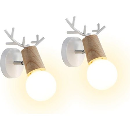 Set med 2 moderna kreativa vägglampor Design Horn inomhus vägglampa Trä och metall Art Deco vägglampa (Vit)