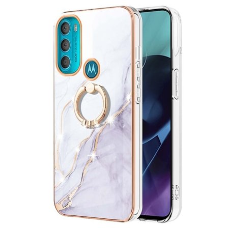 Marble Mønstret Cover med Ring Holder til Motorola Moto G71 5G - Hvid Marmor Haze