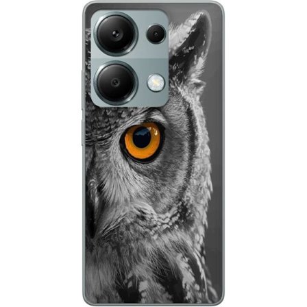 Yhteensopiva Puhelinkuori Xiaomi Redmi Note 13 Pro 4G Mustavalkoinen lähikuva pöllöstä, jossa on voimakkaan oranssi silmä ja yksityiskohtainen sulan