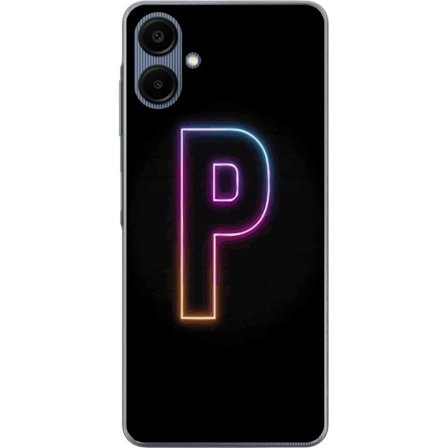 Kompatibel Mobilcover til Samsung Samsung Galaxy A06 Minimalistisk neonbogstav P i farvegradient og lyseffekt mod sort baggrund i digital neonstil
