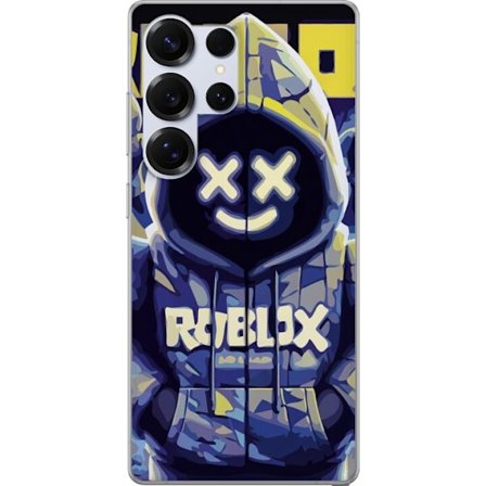 Kompatibelt Mobildeksel til Samsung Samsung Galaxy S25 Ultra Blågul Roblox hettegenserfigur med minimalistisk neonstil og masket ansikt, moderne spil
