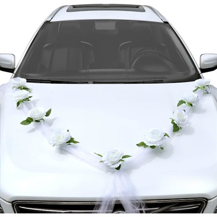 Kunstig blomsterbukett, bryllupsbilblomsterdekor med sløyfesett, midtstykker til brudefester for bryllup, hjem og arrangementdekorasjon