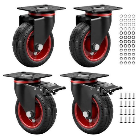 2 Drejelige Hjul + 2 Hjul med Bremse Ø100 x 35 mm Tung Rotation 360° 600Kg Max, med Kerne i Gummihjul