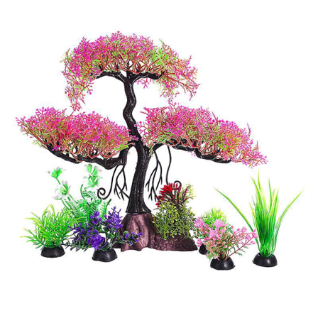 Mellomstor Hot Pink Goldfish Waterscape Tree Sett med kunstige plastplanter for kjæledyr Akvarium, 9.4