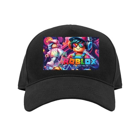 Kasket Farverig Roblox-inspireret gruppe med flere karakterer, hovedtelefoner og controllere i et energifyldt neonfarvet gamingmiljø