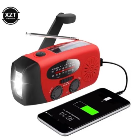 Vevradio med Solceller /Ficklampa - 2000mAh Powerbank Röd