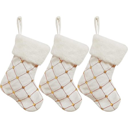 Set med 3 paljettjulstrumpor, 23 cm rutiga julstrumpor med gyllene paljetter