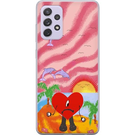 Kompatibel Mobilcover til Samsung Galaxy A52s 5G Bad Bunny i en farverig quiltet jakke med hjertemønster og solbriller i moderne gade stil