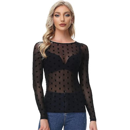 Dame Elastisk Scoop Neck Gjennomsiktig Sexy Slim Fit Mesh Topper Langermet Bluse