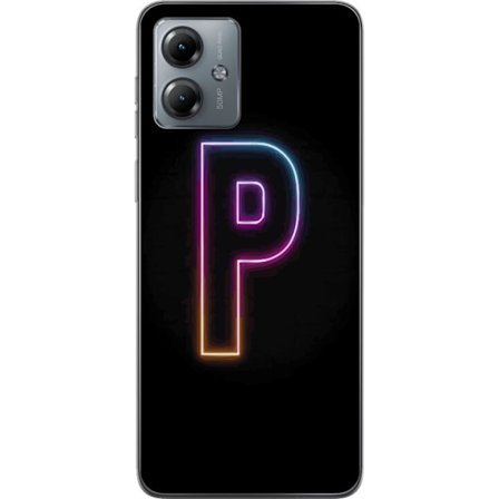 Kompatibel Mobilcover til Motorola Motorola Moto G14 Minimalistisk neonbogstav P i farvegradient og lyseffekt mod sort baggrund i digital neonstil