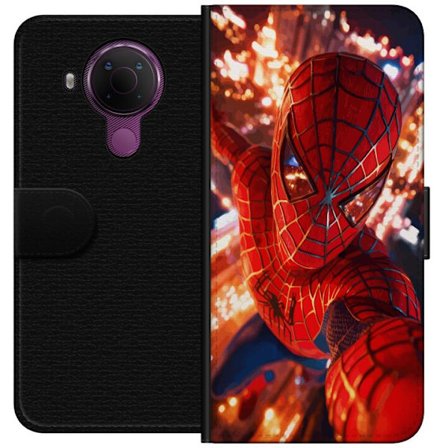 Yhteensopiva Lompakkokotelo Nokia Nokia 5.4 Spider Man intensiivisessä toiminnassa välkkyvien valojen ja dynaamisen perspektiivin kera elokuvamaises